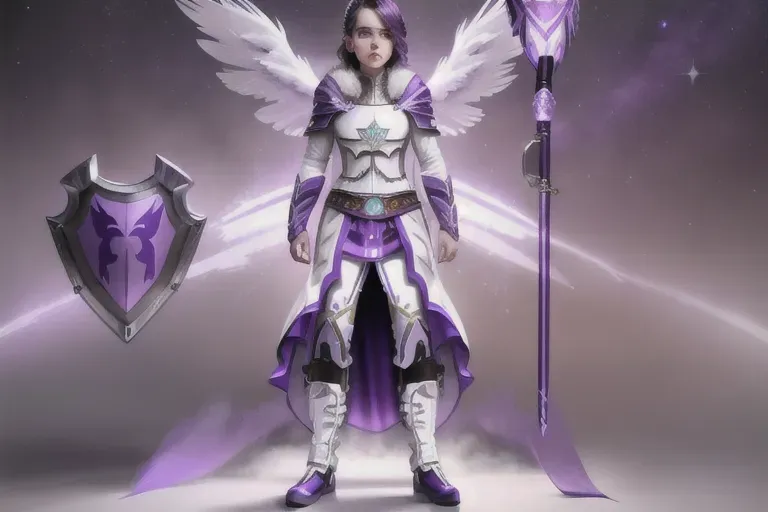 intricate highly detailed photorealistic realistic ultra realistic sharp focus with daisy ridley dressed in white medieval thunderbird armor with purple accents white winged helmet with purple accents white and purple medieval shield with two purple thunderbirds on the face and a purple cloak