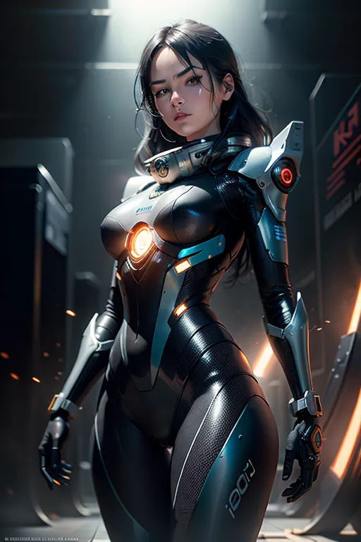 8k, Female robot, Mafia-suit, Space Ship background, black hair with blue highlights, look at the camera, metal skin that glistens in the sun, full body image (beautiful detailed eyes, symmetrical eyes), dramatic lighting, (photorealism:1.5), (photorealistic:1.4), (8kRAW photomasterpiece), High detail RAW color photo, a professional photorealistic, (highest quality), (best shadow), (best illustration), ultra high resolution, highly detailed CG unified 8K wallpapers, physics-based rendering, photo, realistic, realism, high contrast, hyperrealism, photography