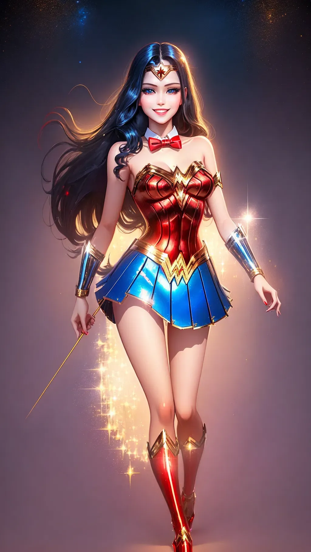 digital art of Wonder Woman, she has a bow tie in her long black hair, with elegant long legs, mini skirt, stiletto heels, and happy smile, she has soft lips and detailed sparkling blue eyes, intricate hands, the background setting is night time moonlight, detailed hands, red and gold costume