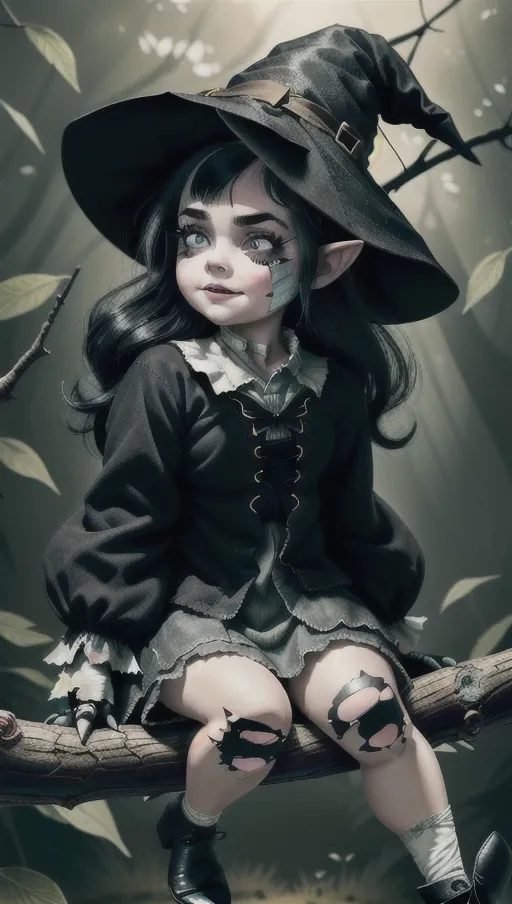 This is a little fairy sitting on a branch up in the air, she is laughing , her face is chubby, she has little and pointy nose and ears, her lips are full and thick, she has long black messy hair, long old pointy and patched up witch hat, her clothes are used and patched up as well, she has wide eyes that are totally black , thick eyebrows, she has a sweet and malicious facial expression,
Beautiful, extremely detailed, extremely realistic, natural light, ((full black eyes)), ((((used and patched up clothes)))),