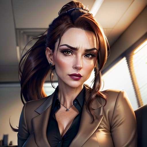 realistic HD photograph ((wide shot)), ((((accurate face)))), brown hair, ponytail, sitting in an office, bimbo, dark lipstick, warm lighting, therapist clothing, facing the viewer, frustrated facial expresstion, light brown eyes, a seductive look on her face, CEO