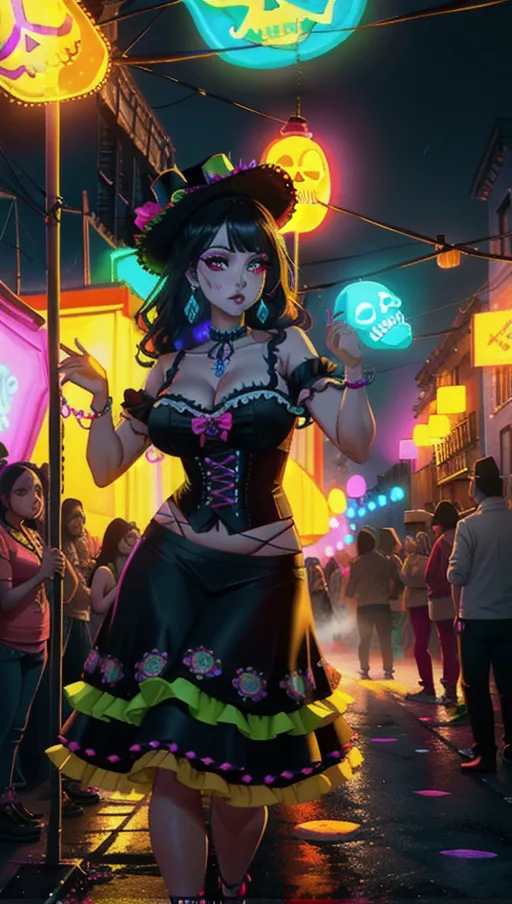 A Mexican Latina, (is dancing), Dia de muertos party, greaves yard background, candlelights everywhere, sugar skulls everywhere, LA Calavera Caterina, Mexican dead woman make-up, highly detailed, hyperrealistic details, ghost-fog around, dense, atmospheric, cinematic, octane render, unreal engine, hyperrealistic, Blender Model, Detailed render, Environment design, neon colors, neon lights, Raytracing, absurdres, UHD, HDH, HDRi, 8k, 16k, 32k