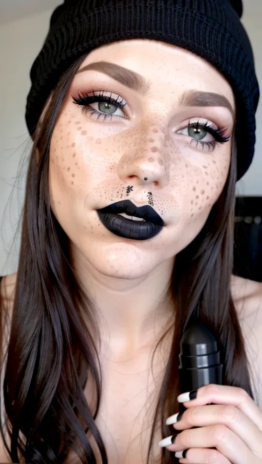 replicate inspiration face, freckles, black lipstick, brunette, black beanie,