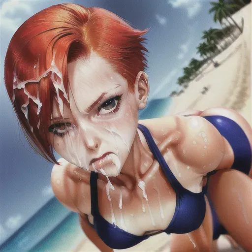 slim, pretty, redhead, short hair, small ass, small tits, facing camera, kneeling, bikini, beach volley, (cum on body),(oiled), big cock, <lora:dpmg_wet_hair:0.11>, <lora:dpmg_add_detail:0.5> dpmg_face_cum_v1, <lora:dpmg_muscle_girl:1>, dpmg_pov_blowjob_v1