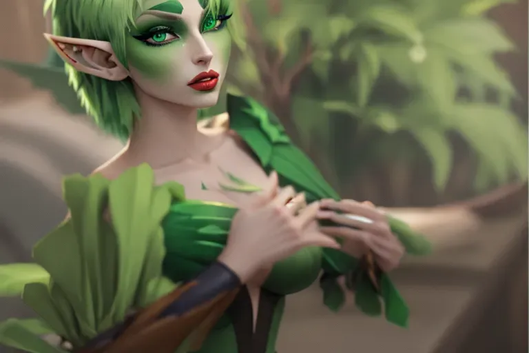 Green hair, feathered hands, green eyes, elf ears