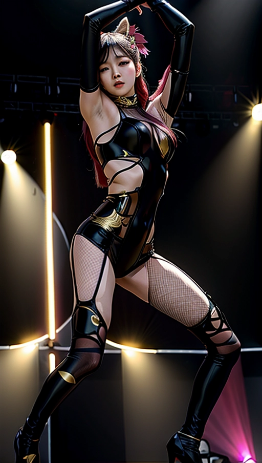 (photorealistic:1.4), (masterpiece:1.4), (best quality:1.4), ultra high res, bokeh, ((detailed facial features)), full length, professional photograph of 4 beautiful 20 year old Korean KPOP dancers, Bomi, Taeri, Yuka, Zia, ((4 girls))
((KPOP group Girl Crush performing on stage in scanty black fetish costumes:1.7)), tall slim athletic bodies, long legs, ((small breasts)),
(indoors dancing erotically on stage illuminated by spotlights:1.2),
(best quality), (((extremely accurate faces))), <lora:dpmg_add_detail:0.7>, (high resolution), dynamic, (((masterpiece))), (uhd), (8k),