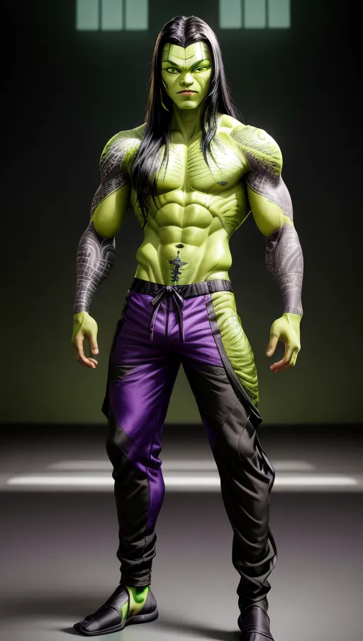Muscular male, (((green skin))), black tribal tattoos, long black hair, purple eyes, cheerful, gray shirt, gray pants, futuristic clothing, alien
Fullbody view, masterpiece, absurdres, ((((solo focus)))), 8k, perfect edges, ultra realistic, perfect anatomy, low light, perfect face, fine details, realistic shaded, realistic body, photoshoot, male
<lora:dpmg_add_detail:1>