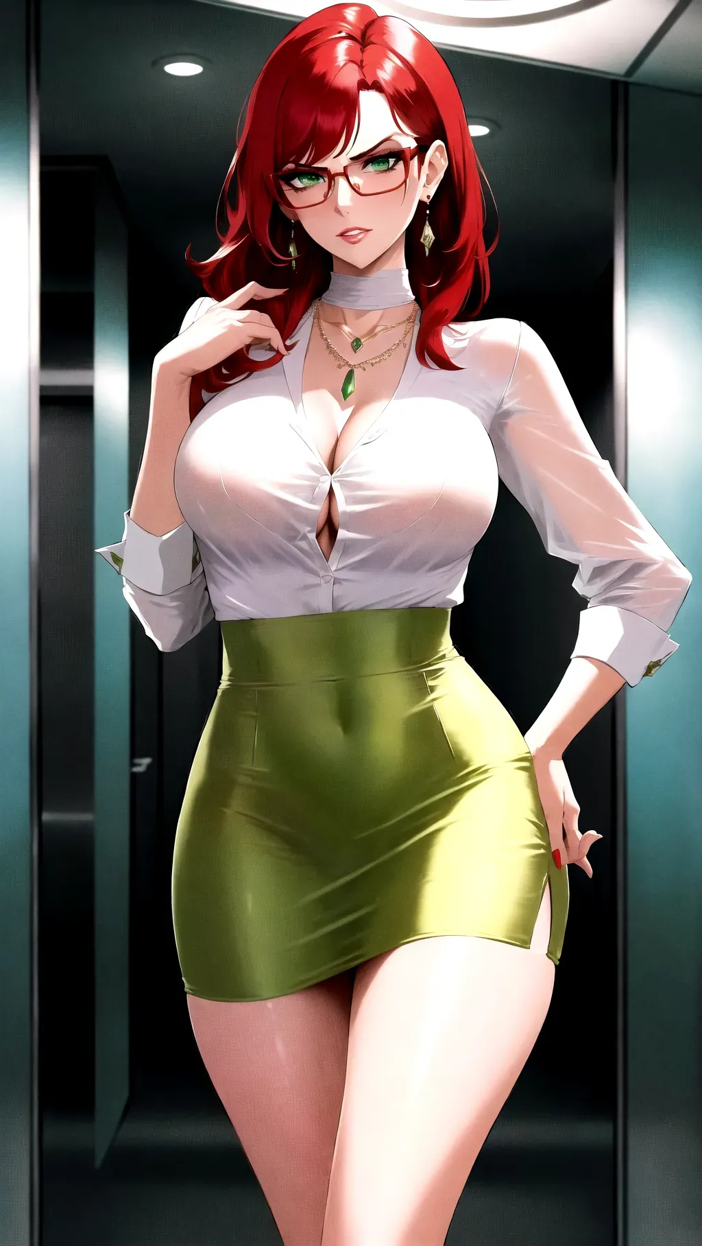 masterpiece,best quality,bright light,1girl,jewelry,earrings,necklace,beautiful face, business woman, split short skirt, white blouse, big lips, red hair, realistic green eyes, glasses, in an elevator, angry, mean, thin, small breast,