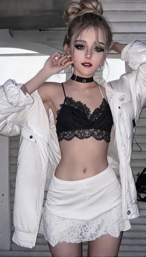 Front view, cute skinny blonde girl, messy space bun, wearing loose fitting white jacket, white lace bra, white see through skirt, both hands posed up to her shoulders,
8k resolution, hyper realistic,
(Masterpiece), (high resolution), (high definition), (beautiful details),
(perfect lighting),
((skinny)), ((slim body)), ((small breasts)), petite, thigh gap,
(light complexion),
realistic beautiful detailed face, she is smiling showing her teeth with fangs, sparkling teeth,
Long lashes, black eyeshadow, black lipstick, soft puffy lips, standing in front of garage,