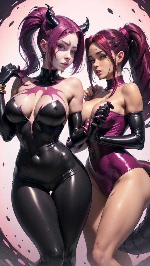 best quality, (((ultra high res))), (((detailed face and eyes))), (perfect face), (big shining heart choker), earrings, jewelry, (((big glowing succubus mark))), ((((big glowing succubus bodymark)))), (conjuring), witch, ((very long voluminous hair)), (((black gloves))), (((burgundy red hair))), (((symbiote goo hair))), (((golden bracelet))), (((huge golden hair cuff))), (((black skintight neckholder))), ((face closeup)), lipstick, (((((black demon tail))))), ((black long sleeves)), ((pink glowing heart)), (((demon mark))), heart on womb, ((((bright pink glowing skin tone)))), (((straight burgundy red hair))), ((pink glowing clothes)), ((pink luminescent)), ((((pink luminescent skin tone)))), (((pink skin))), (((huge cameltoe))), ((((symbiote goo everywhere)))), (((symbiote girl))), ((((symbiote goo suit)))), ((goo tail)), ((((single ponytail)))), (((in hell))), (((((2 girls)))))