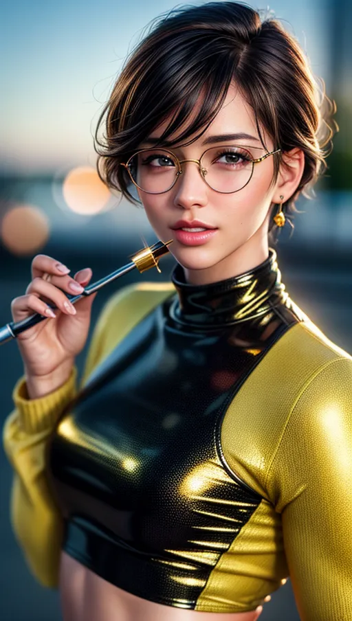 8k High resolution photorealistic colored picture of a beautiful German girl, golden glasses, cute face, high cheekbones, black short hair, wearing a yellow turtleneck sweater, wearing a pair of black leather pants, stubby nose,
High Definition skin, high definition hair,
(<lora:dpmg_add_detail:0.8>),
detailed glossy eyes, beautiful lips, detailed face, detailed textured skin, photorealistic, realistic detailed hair, pretty teeth, textured imperfect skin, realistic pretty feet, (accurate realistic eyes), realistic teeth, realistic mouth, pubic hair, realistic skin color, realistic skin tone,realistic hair color, realistic hair tone, accurate skin color, accurate skin tone,accurate hair color, accurate hair tone,
pretty teeth, textured skin, (pores),
(8k RAW photo), (best quality), (masterpiece:1.3), (photo-realistic), hair highlighted, UHD, Nikon Z5, (50mm lens), f2.8, sharp focus, tack sharp, dof, film grain, Fujifilm XT3, (bokeh), subsurface scattering, volumetric lighting, focused, dynamic pose, dramatic angle, dramatic lighting, cinematic composition, HDR, (highest quality:1.8), highest resolution, (photo-realistic:1.72)
--s 200 --v 5.2
