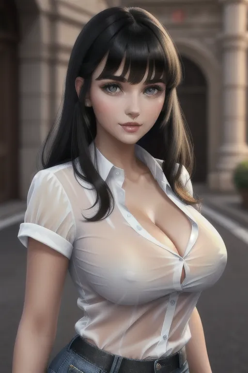 Gorgeous young European woman, large perky tits, black hair, bangs, cute young face, light-colored eyes, sexy, transparent shirt, photorealistic, best quality, ultra high resolution, extremely detailed face