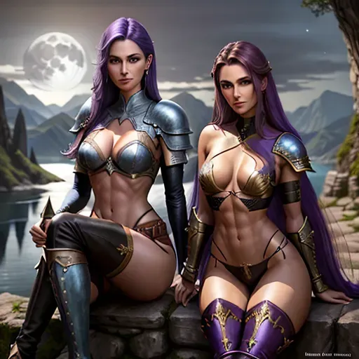 High fantasy like Dungeons and Dragons, two young women in purple and blue armour, skirt to knees, high leather boots, medium breasts, cleavage, toned and slim body, abs, slender arms and legs, small ass, midrif, narrow waist, sensual expression, sharp features, very beautiful face, detailed eyes, arched eyebrows, sexy pose, holding sword in one hand, looking at the viewer, sensual and selfassured smile,
castle on a cliff next to a lake in the background, forest, full moon, moon light,
two arms, two hands, five fingers, detailed fingers, two legs, two feet