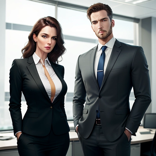 create a realistic picture of a woman in an business suit standing in a office while a man is standing across from her not wearing any close.