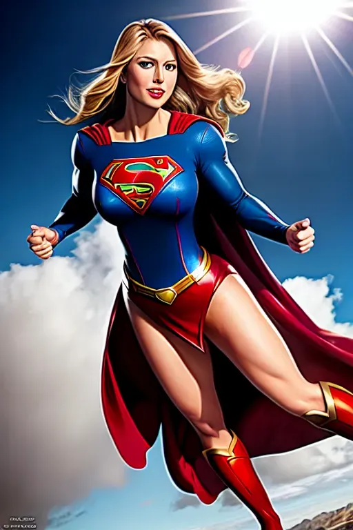 a full body photo of Supergirl toplessflying sideways, huge tits, showing cleavage, nipples poking out, no background