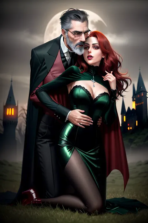 two individuals: One standing One on knees on the ground Medium shot handsome slightly older vampire man in black and red. Dark short hair, glowing red eyes, van dyke beard embracing from behind. One hand around her chin tilting her head to the side, mouth open wide showing 2 vampire fangs. long black cape with very high collar and red lining. Anna of Arendelle. trying to escape, head tilted away from him, pulling away from his embrace, neck pulled tight for his bite. Innocent, good girl, afraid, fearful expression, modest attire, dark green velvet Nordic ball gown, long auburn hair with gentle waves, very pretty, sweet features. European,mature,smaller modest breasts,five fingers per hand,menacing face, beautiful lips,wicked smile,curved eyebrows,ultra realistic,pixiv,unreal engine,bokeh, high res, dramatic lighting, Dracula Castle, moonlit night sky, foggy graveyard