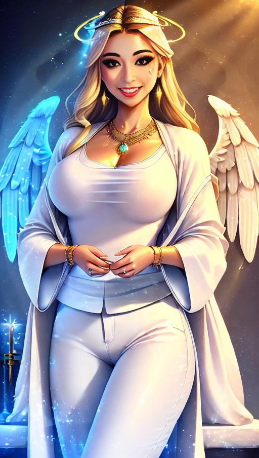 a 64k high detailed photo of Female Goddess, ((In clothing Robes))), HDR, Professional, Highly Detailed, ((In pants))), ((In Shirt)), ((Has Attire)), Godly, Ultra Detailed, Best Quality, Most Detailed, ((Angel Wings)), Angelic Lighting, Angelic Tattoos, Love, Hope, Magic casting, Smiling, happy, Glory, Warrior, Angels, Angelics, Positivity, Happiness, ecstasy, enraptured, sweaty, saving, God, Royalty, Morality, Goodness, True Good, Power, Force, Authority, Ethical, Saviour, Halo, Always and Forever Sentimental, in heat, hot, ultra hot, best, best lighting, tantric, Neutral, Brilliant, Logical, Compassionate, Perfect, Perfection, Exciting, Integrity, Winged, Courage, Purity, Harmony, Beauty mark, ((Female)), Ethereal Lighting, (((With Clothes))), ((With God Item)), ((God Tech)), (God Technology), with items of power, God Wings, (Afterlife Light), ((Perfect Body)), ((Perfect Anatomy)), (Love Worship), (God Light), ((God Staff))), ((God Weapon)), (Spirituality), (Smiling), ((Happy expression)), ((((Has Clothing On))), accessories,