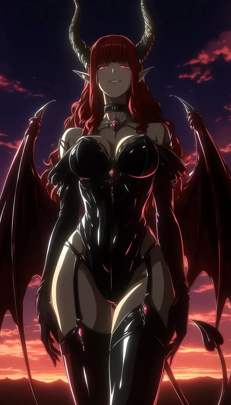 dark_art_style, 1girl, solo, red hair, long hair, wavy hair, red eyes, elf ears, pointy ears, horns, demon horns, wings, bat wings, tail, demon tail, looking at viewer, confident, seductive, smirk, standing, front view, centered, symmetrical, bodysuit, black bodysuit, latex, glossy, tight clothing, high cut, cleavage, off shoulder, long sleeves, gloves, choker, jewel, thighhighs, fantasy, demon, succubus, dark fantasy, sky, clouds, sunset, purple sky, dramatic lighting, cinematic lighting, high contrast, anime style, detailed, high detail, masterpiece, best quality