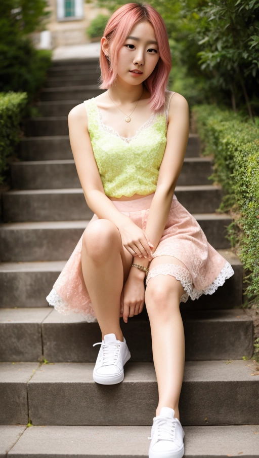 young korean lady, in Prague,in a garden, sitting on a stair, thin chest, green lace shirt, (white tull skirt), sneakers, pink hair, close up, cleavage, (dramatic scene) , very low camera angle, spreading legs