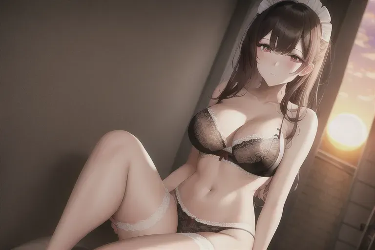 medium shot, 20 year old, a maid, insanely beautiful, lingerie, cream, street, sunset, sunlight, sad, 8k, professional