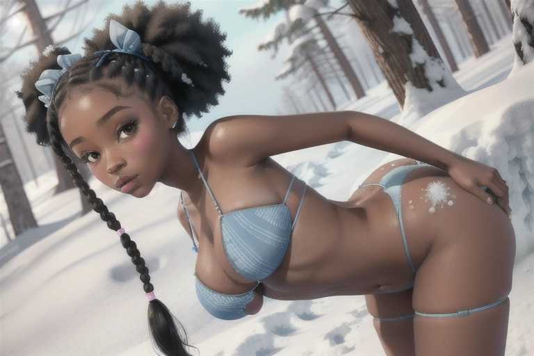 woman 18, african american, cold, wearing afro pigtails, average breast, big ass, in sheer powder blue bikini thong, showing flat stomach, in snow, showing ass to viewer, full lips
