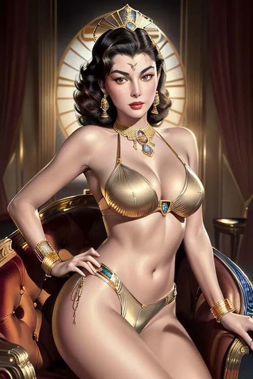 Colour painting of a young Ava Gardner, ((accurate face)), very detailed gold bikini,((bare thighs)), smooth skin, sexy butt, fine beautiful body,((detailed skin features),(detailed face features), beautiful face, (detailed body features), beautiful eyes, ((elegant Art Deco drawing-room))