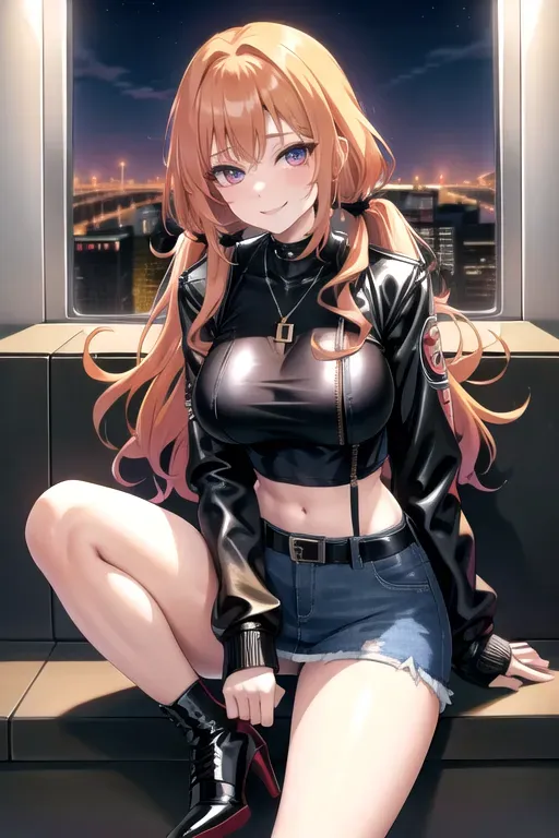 full body, strawberry blonde hair, hazel eyes, short girl, denim miniskirt, black high heeled boots, looking at viewer, long hair, pale skin, silver necklace, black crop top, 24 years old, giant breasts, cute face, pov, wavy hair, city environment, Oklahoma City, wide eyes, erotic, skirt tug, leather jacket, nighttime, black backpack, slim body, low pigtails, sitting on wall, smiling
