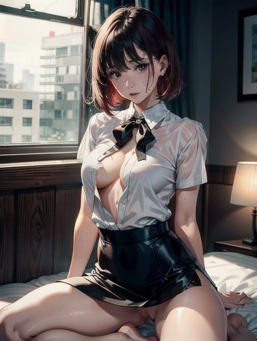 establishing shot, loose white blouse and black mini skirt work attire, skinny, 25yo, eurasian woman, (hyper-realistic face:1.3), 32k uhd --ar 9:16 --stylize 750 --v 6, realistic,((((solo)))), nudity, short straight red hair, (small breasts:1), breasts focus, wet skin, lips, perfect-hard-nipples, solo_focus, eye-contact, lifted white blouse, uncensored, ((torn white blouse)),
background bed room, sweaty, (((exhausted))),uncensored,
<lora:dpmg_add_detail:0.5>, (best quality),
beautiful, (((masterpiece))),(high resolution), (uhd), (8k)
showing pussy, ((drunk)), five fingers, looking at you, spread legs, fucked silly, 1boy, vaginal sex