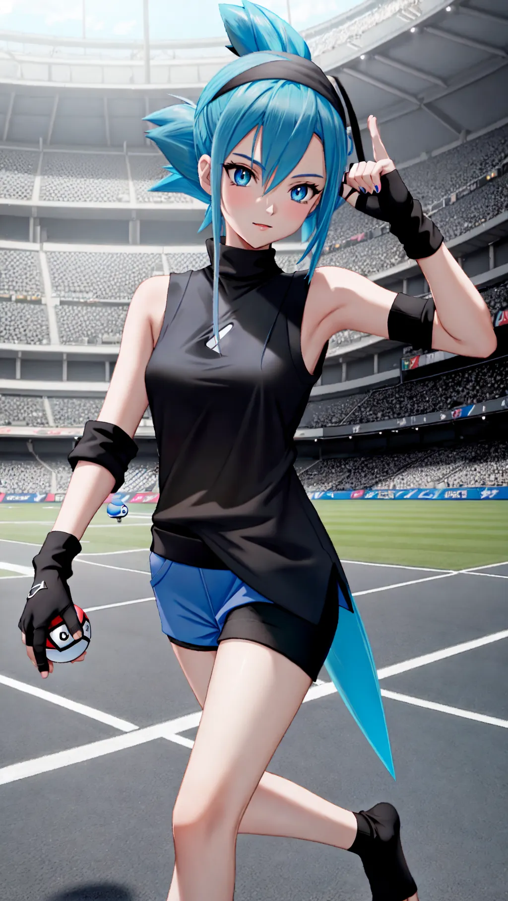 medium shot, full-body image of a cute slender topless barefoot female Pokemon trainer Lorelei with blue hair and medium breasts wearing capris and tight black sleeveless sweater holding a Pokeball while having a Pokemon battle inside a stadium, (sexy feet: 1.2), (tight black sleeveless sweater: 1.2), (barefoot: 1.2), (Lorelei: 1.2), (Pokemon trainer: 1.1), (capris: 1.2), (holding Pokeball: 1.1), (wearing long fingerless gloves: 1.2), (wearing black toeless socks: 1.2), (wearing black toeless socks: 1.2),