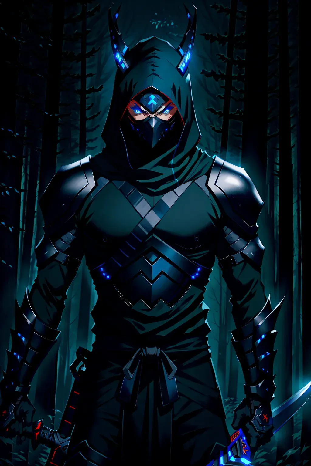 Ninja, full face mask, black, blue glowing accents, with a sword, male, 8k wallpaper, best quality, ultra hd, global lighting, hi-resolution, high quality, highly detailed, in a dark forest