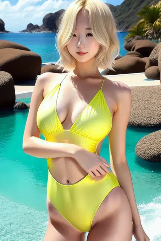 woman, wearing one piece swimsuit,, transparent swimsuit, see through, cute boobs, light blonde hair,realistic,detailed
