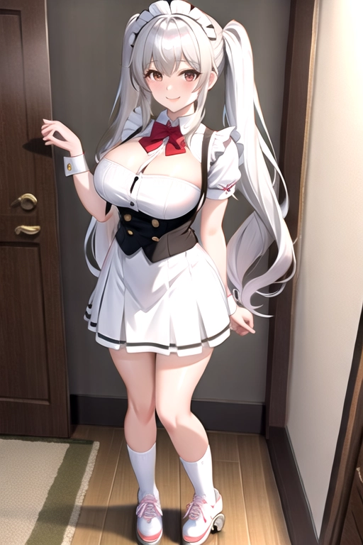 8k quality, brown eyes, pale white skin, white hair, giant breasts, cleavage, looking at viewer, pov, long hair, wavy hair, standing in bedroom, maid uniform, roller skates, miniskirt, pigtails, full body photo, smiling