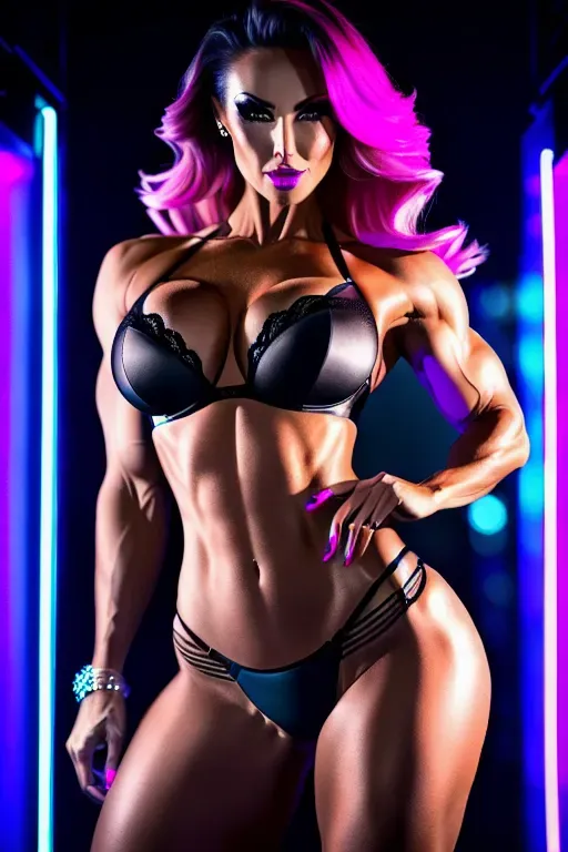 photo shot, a fitness model, insanely beautiful, lingerie, black, night club, sunset, neon lights, surprised, 35 year old, 8k, professional