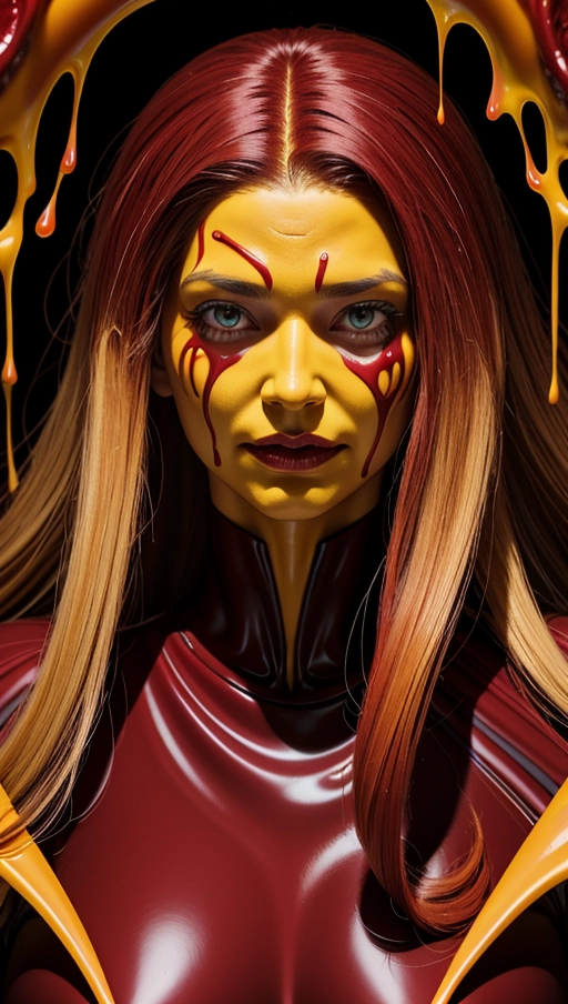 Burgundy red and yellow symbiote, ((hair-raising symbiote)), ((burgundy red and yellow symbiote goo)), (((burgundy red long hair with yellow strands))), ((red and yellow symbiote suit)), (yellow strands), (((((symbiote goo face))))), (((((symbiote goo hair))), ((((symbiote face))))