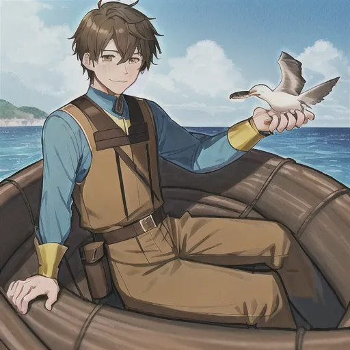 high_quality, cute_guy, shy_man, blush_man, blush, anime_style, (smile), ((young_man)), young_adult, (darkbrown_hair), short_hair, male, ((pretty_hands)), ((detailed_hands)), good_hand, perfect_hands, detailed_fingers, pretty_fingers, medieval_outfit, yellow_brown_eyes, (blue_outfit), adventurer_outfit, sitting_at_raft, (raft), boat, ocean, sun, seagull