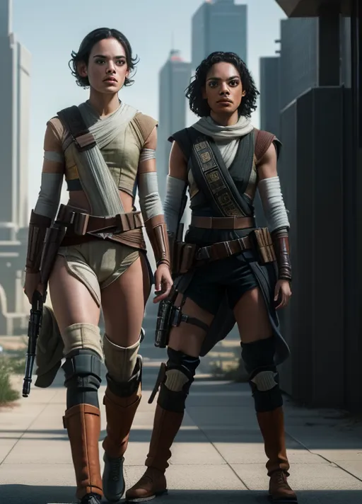 A photograph of 2girls, 1girl (Daisy Ridley:1.3) as Rey Skywalker, and, 1girl (Rosario Dawson:1.3) as Ahsoka Tano,
sexy, cyberpunk, outdoor Star Wars scene,
(establishment shot), (wide-angle shot), (full body shot:1.3),
(8k RAW photo), (best quality), (masterpiece:1.3), (photo-realistic), studio lighting, rim lighting, hair highlighted, UHD, Nikon Z5, (50mm lens), f2.8, sharp focus, tack sharp, dof, film grain, Fujifilm XT3, (bokeh), dramatic lighting, rim lighting, subsurface scattering, volumetric lighting, focused, intricate detailed background, dramatic pose, dramatic pov, dramatic angle, dramatic lighting, cinematic composition, (cinematic lighting), HDR, (highest quality:1.8), highest resolution, (photo-realistic:1.72)
--s 100 --v 5.2