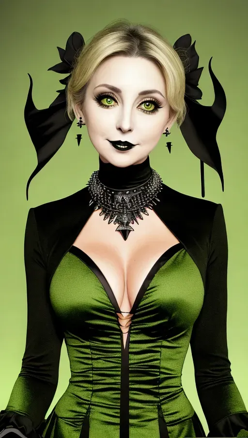 low angle, medium shot, set in a creepy old dark castle.
beautiful, Sweet innocent beautiful, good girl, Jane Wiedlin, blond hair, goth makeup. green lipstick and eyeshadow, slightly shorter than average woman 25 years of age, short blond hair in short pigtails tied with green beads, demented smile, large round natural dark eyes, Dark green long sleeve dress, green dangling isosolies triangle earrings, ankle high boots, long pointed canine teeth, large x necklace, black spiked collar. holding a pair of drumsticks. photorealistic.