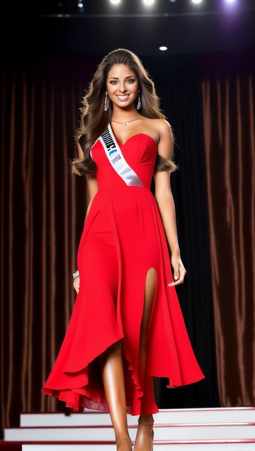 a beautiful young tall (teenage) supermodel with long hair ((largest hugest brown eyes:1.2)),
realistic, masterpiece, wearing a red dress in a ((beauty pageant catwalk)), full body portrait