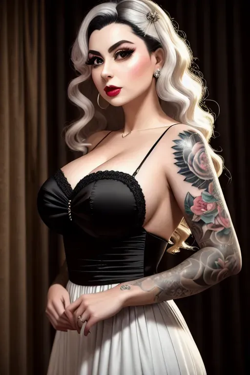 a realistic image of a charli damelio,wearing dress,all-fours,indoor,big breasts,five slender fingers,wavy curtain bang,charming face,beautiful lips,black eyes,curved eyebrows,curved eyelid,pale skin,romantic,tattoo,professional,studio lighting,unreal engine,bokeh,ultra realistic