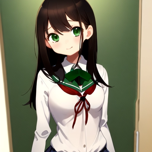 ((Young)), ((cute)), small body frame, ((busty)), straight hair, dark hair, green eyes, school uniform