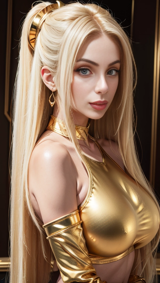 best quality, (((ultra high res))), (((detailed face and eyes))), (perfect face), big shining heart choker, earrings, jewelry, ((long voluminous hair)), (((golden gloves))), ((((light blonde hair)))), ((single ponytail)), ((((straight hair)))), (((golden bracelet))), (((huge golden hair cuff))), (((skintight golden crop top))), (lipstick), ((((neckholder)))), (((skintight))), ((old mansion)), (((very long hair))), ((((face closeup)))), ((golden sleeves)), (((face very close))), (huge boobs), ((hands on her boobs))