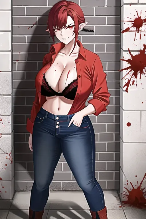 An Woman with big breasts holding a pistol hiding behind a brick wall, she is getting shot at, she is wearing a bright red button up long sleeve shirt, she is wearing dark red jeans, she is wearing black boots, underneath her is a puddle of blood she is standing in, she has an angry and serious expression on her face, she has red hair, and bright red glowing eyes, she has a little bit of blood splatter on her face, she has pointy ears, she is standing in an alleyway, her button up shirt is open revealing her bra,she is sweating a lot and her pants are open, she is smirking, she is close to the camera, is is night