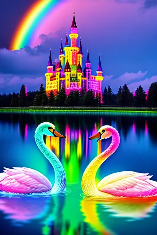 rainbow swans in lake in front of neon rainbow castle