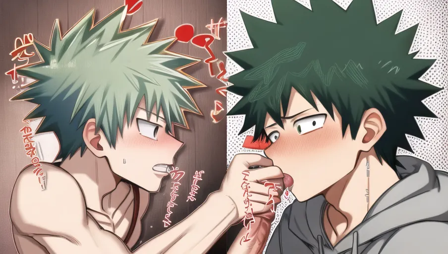 izuku midoriy giving Katsuki Bakugo a blowjob, <lora:dpmg_imminent_fuck:1>, big penis, bwc