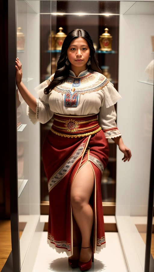 The woman was frozen in time like a living mannequin. She wore traditional Guatemalan clothing that accentuated her large natural breasts and wide hips, along with a pair of high heels. The woman is Latin American. She is inside a glass display case exposed for sale. The setting is in a white-walled room evenly lit by white lighting. Despite being overweight, she still looks attractive. The image should showcase the womans ample figure within the glass display case. Her facial expression should be neutral, with eyes fixed on the camera but without any emotions. (((full body view, full body photo)))), ((full body view)), ((breasts large natural)), ((overweight)), (((hyperrealistic))),
Masterpiece,
perfect edges,
ultra realistic,
perfect anatomy,
realistic skin texture
