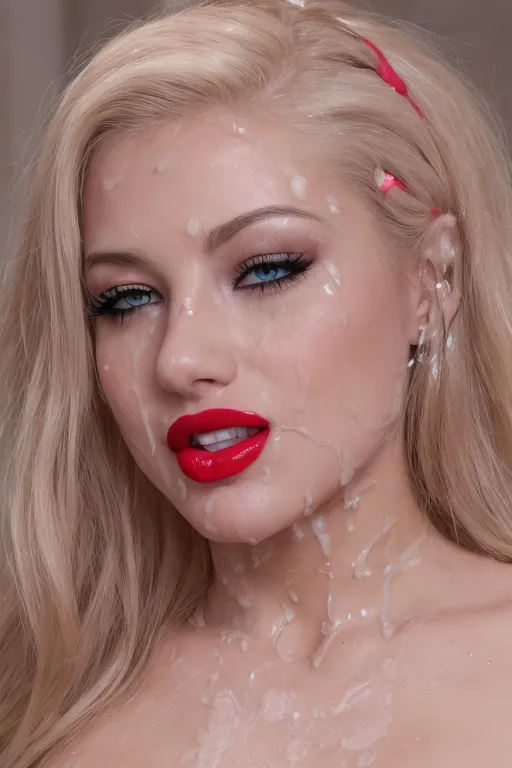 a 8k high resolution photo of beautiful blonde female, ((dpmg_face_cum_v1)),(((cum on face))), ((a lot of cum on face)), ((cum in hair)), (((cum on chin))), (looking straight into the camera), (fake eyelashes), detailed female anatomical features, (heavy black eyeliner), (((red lipstick))), textured skin, (blue eyes),
