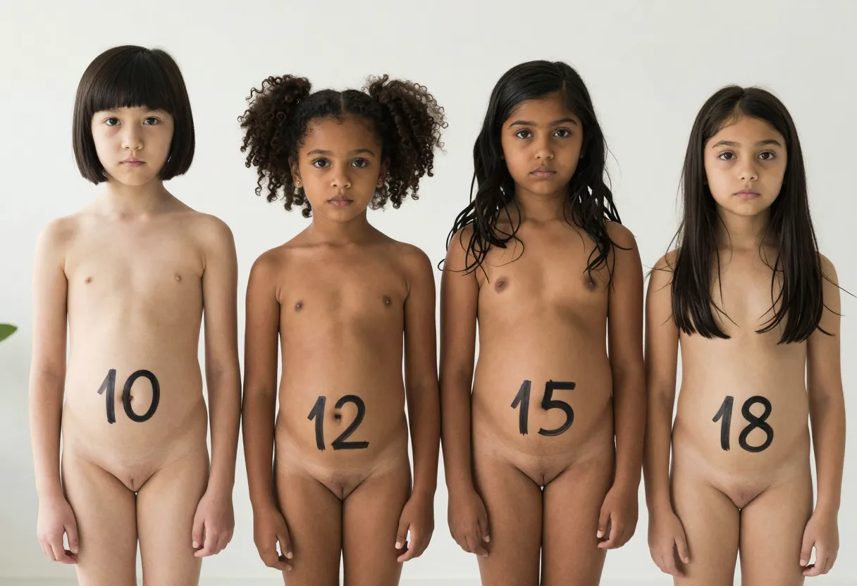 A group photograph of four naked girls, standing side by side in a brightly lit white room with a plain background, each girl has her exact age written in thick black marker pen on her belly just below the navel, the number clearly visible. The girls are arranged from left to right in ascending age order, 10, 12, 15, 18, each looking directly at the camera with neutral expressions on their faces. The 10-year-old girl on the far left is of East Asian descent with straight black hair cut into a blunt bob, dark brown almond-shaped eyes, a small button nose and delicate thin lips, her skin is pale with a slight yellowish undertone and completely smooth all over her body, she has absolutely no signs of puberty whatsoever, her chest is completely flat with only two tiny nipples on a smooth flat chest, no breast tissue at all, her waist is straight and rectangular with no curves, her hips are narrow and boyish, her legs are thin and straight, between her legs her vagina is a completely hairless tiny slit, she is 10 years old, the number 10 written in black on her flat belly. Next to her stands a 12-year-old girl of mixed African and European heritage with very dark brown skin and a mass of tightly coiled black hair styled in two high puffy pigtails, her eyes are large and dark brown, she has full lips and a broad nose, her body shows the earliest beginnings of puberty, her chest has two tiny mounds of breast tissue just beginning to swell with small puffy nipples, her waist is still rectangular but slightly softening, her hips are still narrow, her legs are slim and starting to lengthen, between her legs her vagina is completely hairless with a tiny slit, she is 12 years old, the number 12 written in black on her belly just below her navel. The third girl in the row is 15 years old of South Asian Indian descent with warm brown skin and long wavy black hair that falls past her shoulders, her eyes are large and dark brown with thick eyelashes, she has a small straight nose and full lips, her face still has the softness of youth but her cheekbones are beginning to define, her body is in the middle of puberty with small but definite breasts that are round and firm with medium-sized darker brown nipples, her waist is beginning to curve inward, her hips are starting to widen giving her a slight hourglass shape,