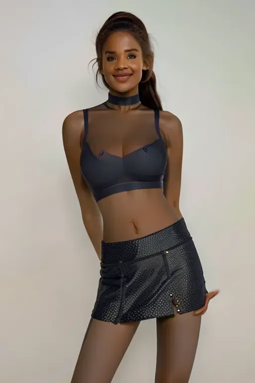 A 8k resolution photo shot of a beautiful woman, very compassionate and friendly, entire person visible, ((pretty teeth)), detailed hair features, (detailed facial features), detailed body features, detailed arms features, extremely textured skin), beautiful lips, highly detailed, wearing a choker, wearing a low-cut tank top, ((thin tank top)), (((see through crop top))), ((perfectly placed nipples)), (((mini skirt))),<lora:dpmg_black_see_through:1.4>,