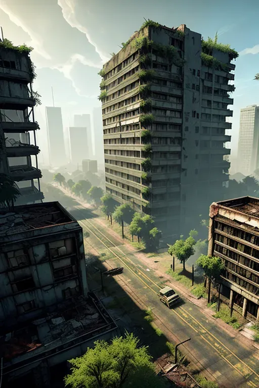 Generate an image of a post-apocalyptic city, featuring crumbling buildings, overgrown vegetation, and a sense of danger and abandonment. Incorporate elements such as advanced robotics, cybernetic enhancements, and advanced transportation systems
