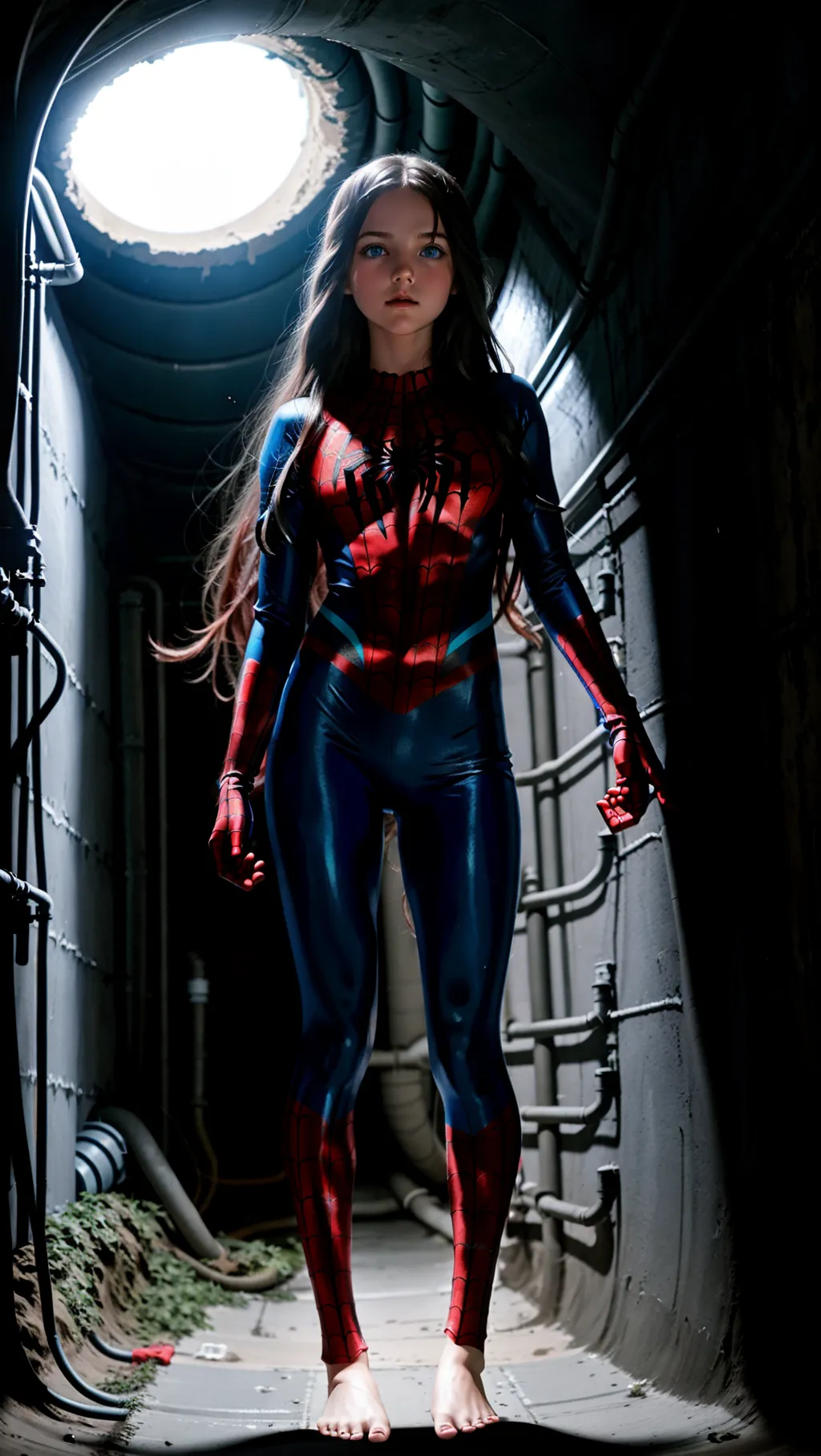 full-body image of a gorgeous barefoot girl with long hair and blue eyes wearing Spiderman outfit and gloves while in a dark sewer pipe, barefoot, exposed face, exposed head, bare feet,